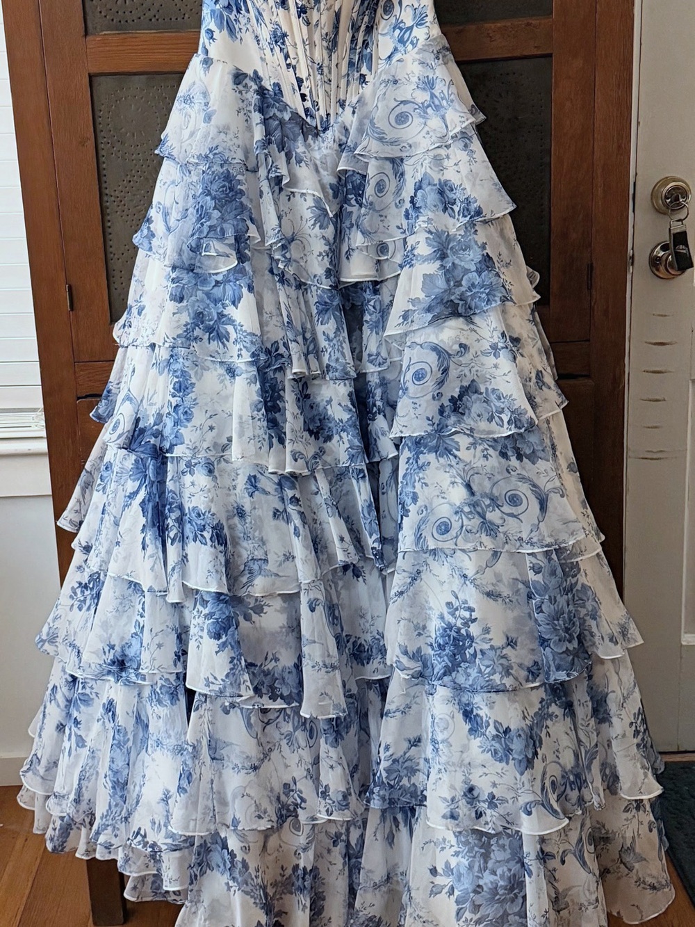 Sherri Hill 57250 Strapless Blue Toile Ruffle Prom Gown. - Picture 5 of 9